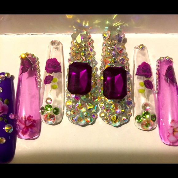 🌹Purple Rosetta X long Ballerina Coffin Nails🌹 - Picture 1 of 8